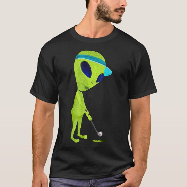 Funny Alien Playing Golf Parody Golfer UFO Golfing T-Shirt (Front)