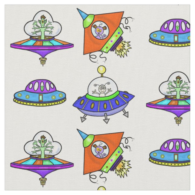 Funny Alien Spaceships and Flying Saucers Fabric (Close Up)