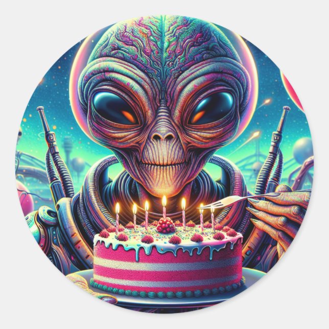 Funny Alien Themed Birthday Party  Classic Round Sticker (Front)