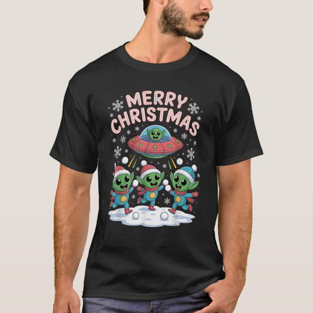 Funny Alien Trio Merry Ugly Christmas Santa Hat Gi T-Shirt (Front)