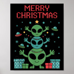 Funny Alien Trio Merry Ugly Christmas Santa Hat Xm Poster