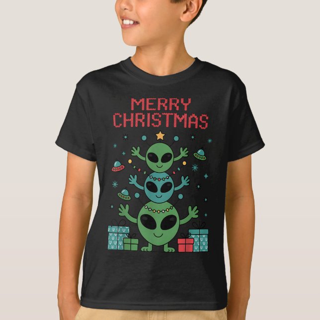 Funny Alien Trio Merry Ugly Christmas Santa Hat Xm T-Shirt (Front)