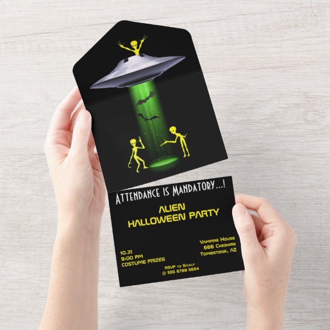 Funny Alien 🎅🛸 UFO Halloween Party All In One Invitation (Tearaway)