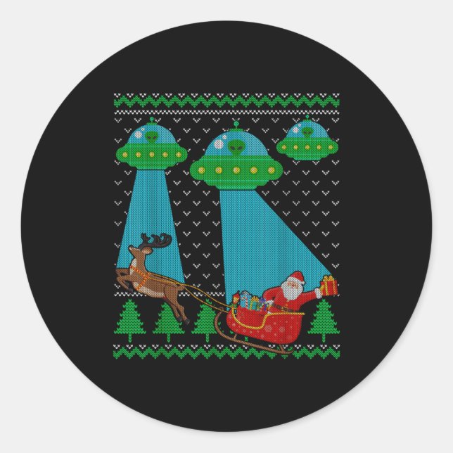 Funny Alien Ufo Santa Sleigh Ugly Christmas Sweate Classic Round Sticker (Front)