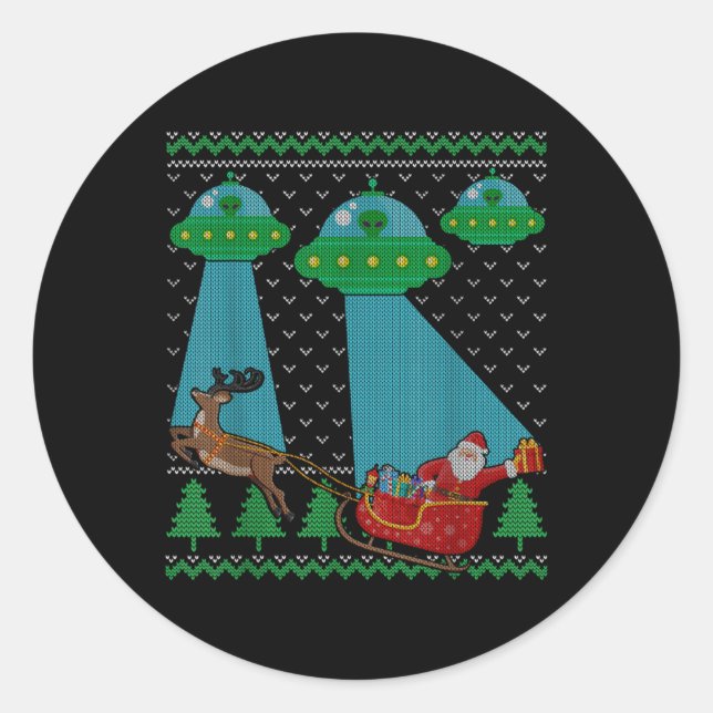 Funny Alien Ufo Santa Sleigh Ugly Christmas Sweate Classic Round Sticker (Front)