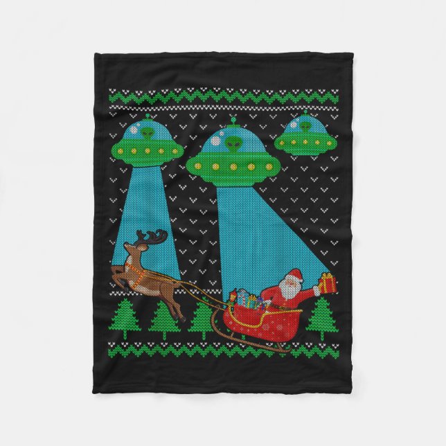 Funny Alien Ufo Santa Sleigh Ugly Christmas Sweate Fleece Blanket (Front)