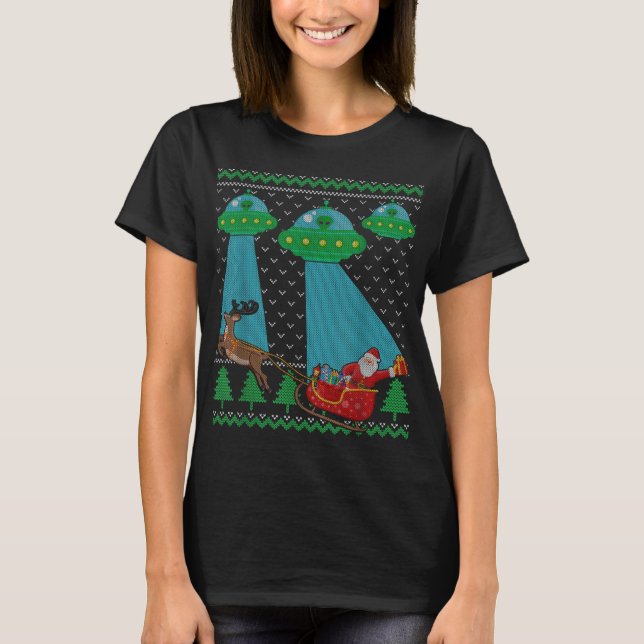 Funny Alien Ufo Santa Sleigh Ugly Christmas Sweate T-Shirt (Front)
