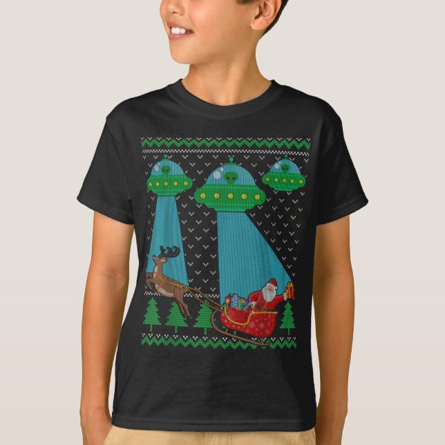 Funny Alien Ufo Santa Sleigh Ugly Christmas Sweate T-Shirt (Front)