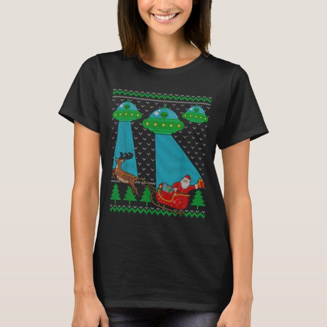 Funny Alien Ufo Santa Sleigh Ugly Christmas Sweate T-Shirt (Front)