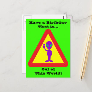 Funny Alien Warning Caution Sign Birthday Postcard