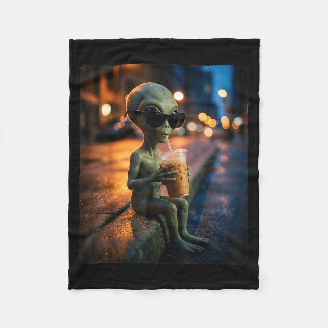 Funny alien wearing sunglasses drinking iced coffe fleece blanket (Front)