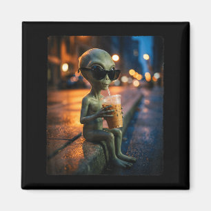 Funny alien wearing sunglasses drinking iced coffe magnet