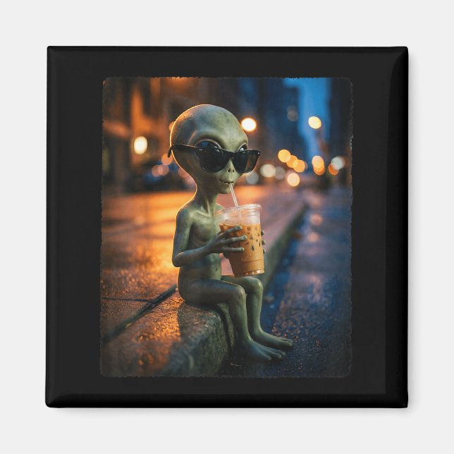 Funny alien wearing sunglasses drinking iced coffe magnet (Front)