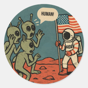 Funny Aliens and Astronaut in Space  Classic Round Sticker