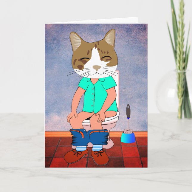 FUNNY ALL OCCASION CAT ON TOILET GREETING CARDS (Front)