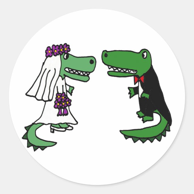 Funny Alligator Bride and Groom Cartoon Classic Round Sticker (Front)