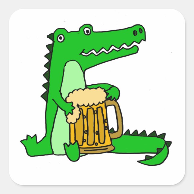 Funny Alligator Drinking Beer Cartoon Square Sticker (Front)