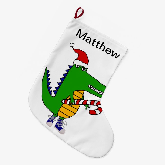 Funny Alligator in Santa hat Christmas Art Large Christmas Stocking (Front (Hanging))