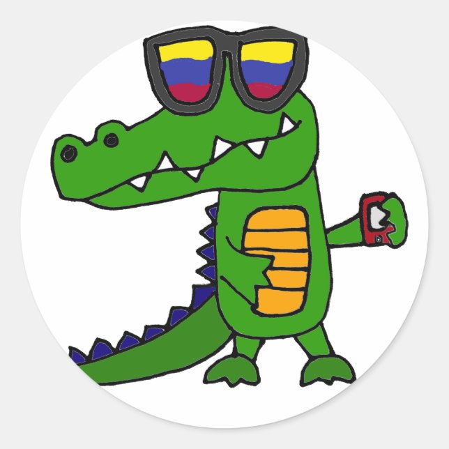 Funny Alligator with Cell Phone Classic Round Sticker (Front)