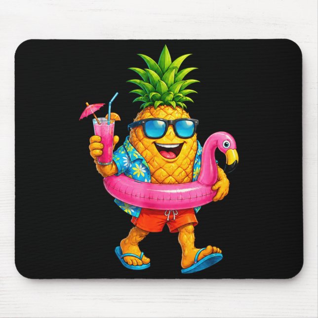 Funny aloha hawaiian pineapple pink flamingo float mouse mat (Front)