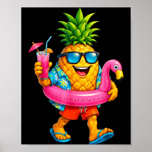 Funny aloha hawaiian pineapple pink flamingo float poster