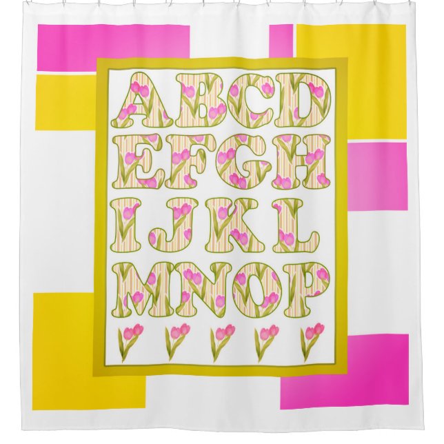 Funny alphabet, flower alphabet, alphabet shower curtain (Front)