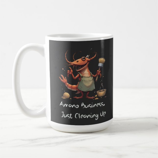 Funny Amano Shrimp Cleaning Cartoon with Mop  Coffee Mug (Left)
