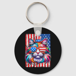 Funny American Cat Sunglasses Usa Flag 4th Of July Key Ring