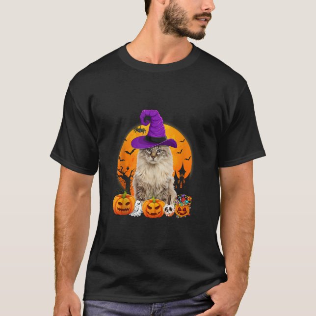 Funny American Curl Cat Halloween Witch Pumpkin Ta T-Shirt (Front)