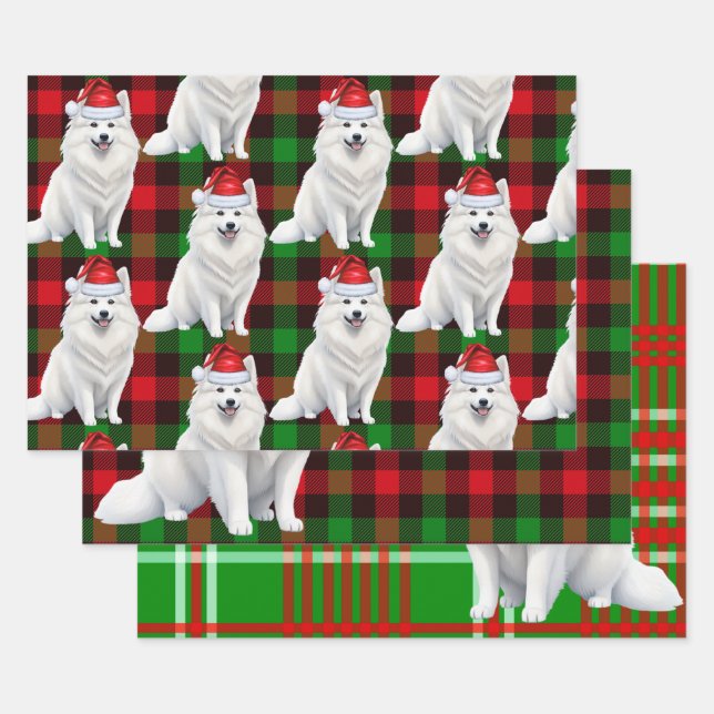 Funny American Eskimo Christmas Dog Red Plaid Wrapping Paper Sheet (Set)