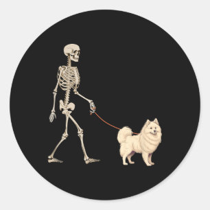 Funny American Eskimo Skeleton Dog Walking Classic Round Sticker