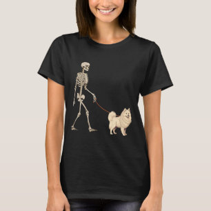 Funny American Eskimo Skeleton Dog Walking T-Shirt