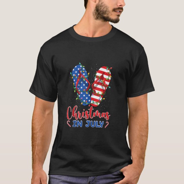 Funny American Flag Flip Flops Xmas Lights Christm T-Shirt (Front)