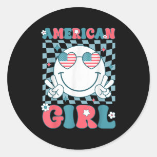 Funny American Girl Smile Face 4th Of July Patriot Classic Round Sticker