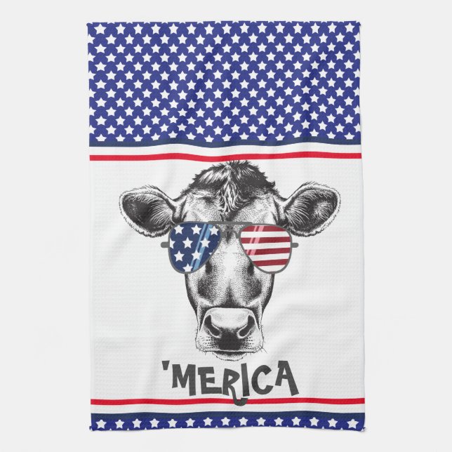Funny American Hipster Cow  Tea Towel (Vertical)