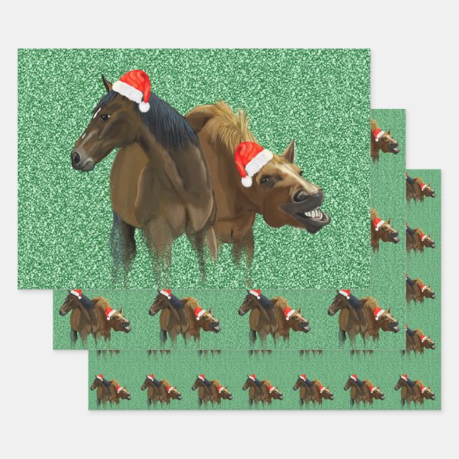 Funny American Horses wearing Christmas Santa hat Wrapping Paper Sheet (Set)