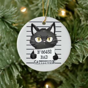 Funny and Cute Black Cat Mugshot Ceramic Tree Decoration