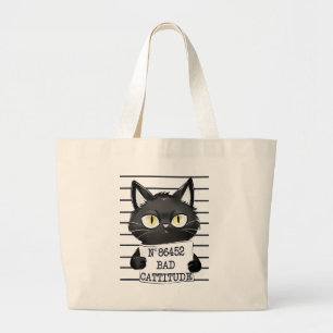 Funny and Cute Black Cat Mugshot Large Tote Bag