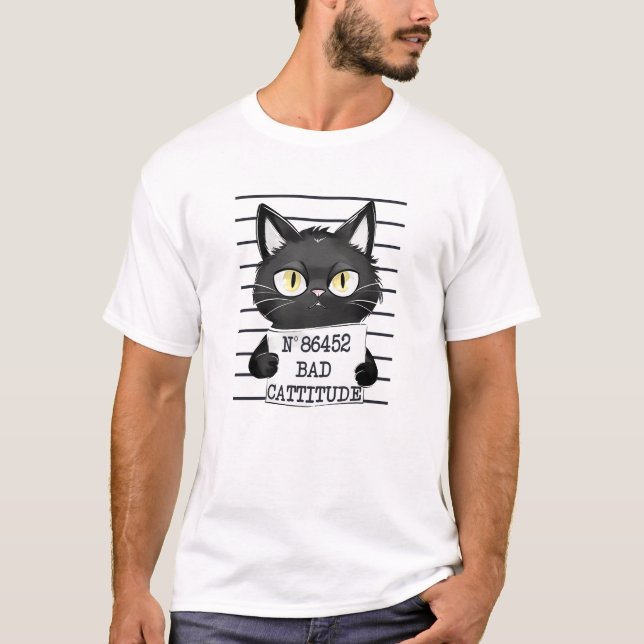 Funny and Cute Black Cat Mugshot T-Shirt (Front)