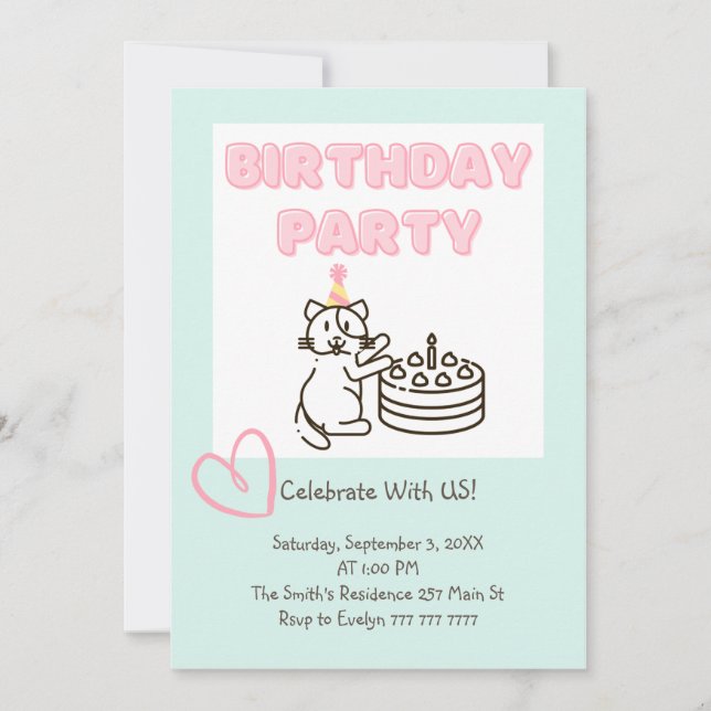 Funny and Cute Cat&Cake Birthday Invitation  (Front)