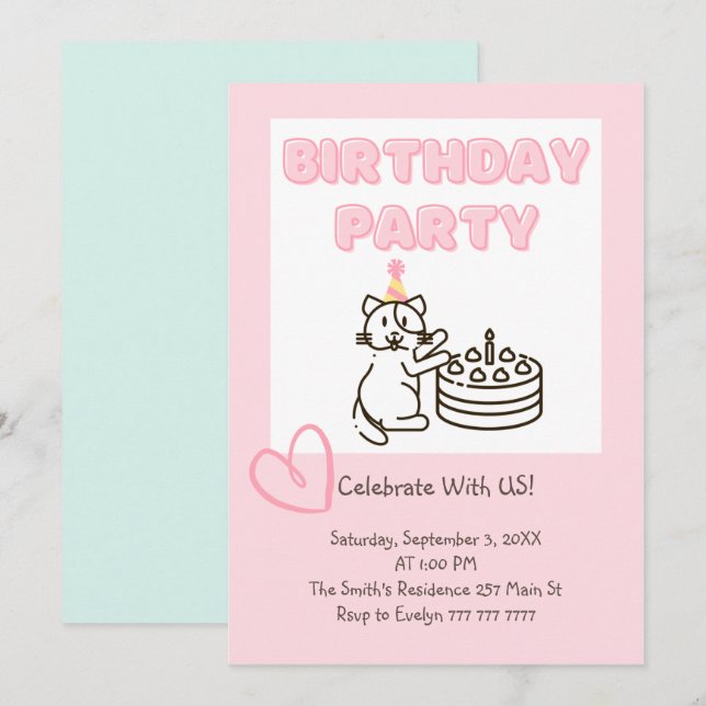 Funny and Cute Cat&Cake Birthday Invitation  (Front/Back)