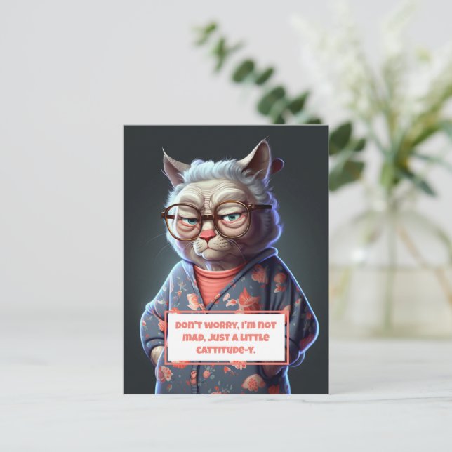Funny and Cute Cattitude-y Old Lady Cat Holiday Postcard (Standing Front)