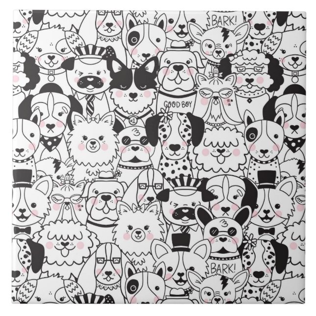 Funny and Cute Dog Breeds Black and White Pattern Tile (Front)