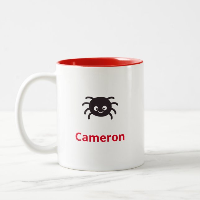 Funny and Cute Personalised Spider with Name Two-Tone Coffee Mug (Left)