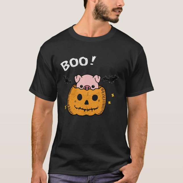 funny and cute piggy pig boo in pumpkin bats Hallo T-Shirt (Front)