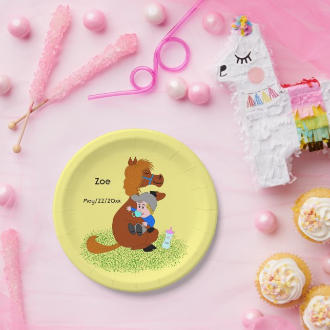 Funny and cute pony with baby - baby shower  paper plate (Party)