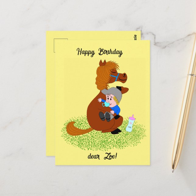 Funny and cute pony with baby - kids birthday   postcard (Front/Back In Situ)