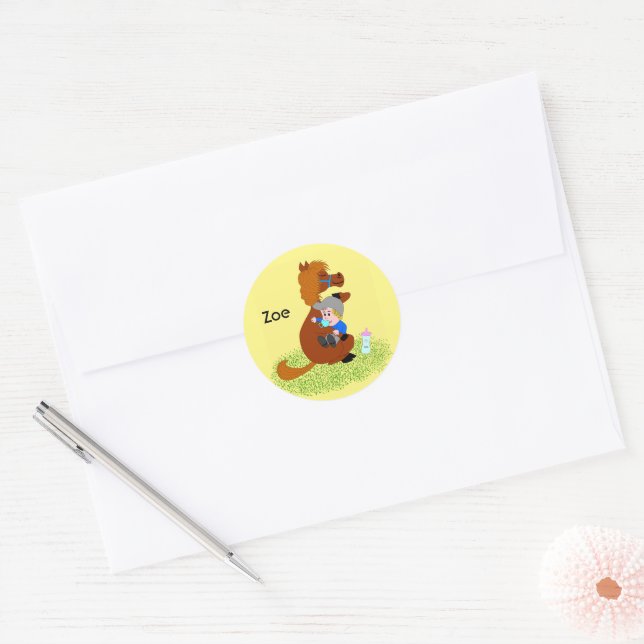 Funny and cute pony with baby - kids  classic round sticker (Envelope)