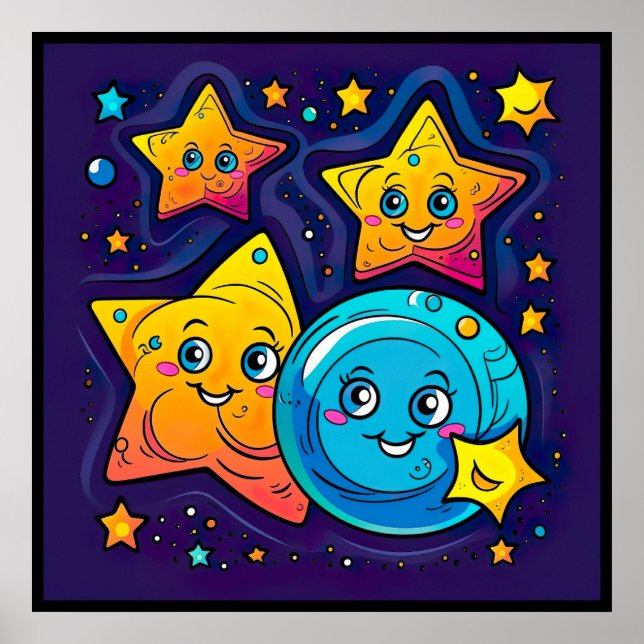Funny and Cute Stars with The Moon in Space  Poster (Front)