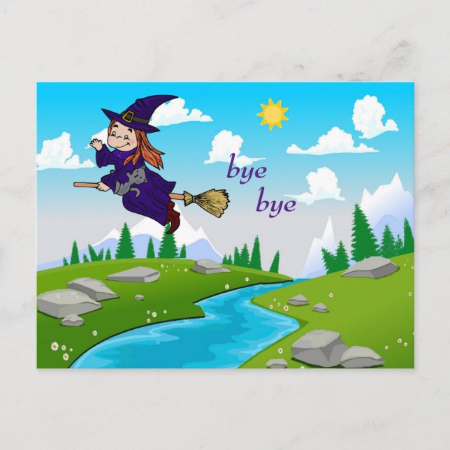 Funny and Cute Witch on a Broomstick Postcard (Front)